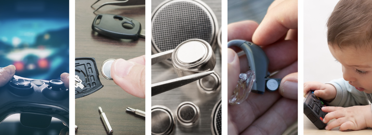 CPSC montage of everyday devices and button batteries: these devices must be kept out of children's reach when batteries are accessible